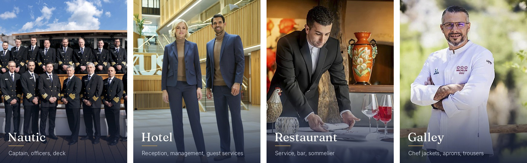Crew uniforms for nautic, hotel, restaurant and galley teams on river cruise ships